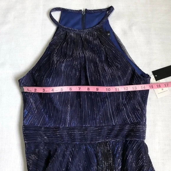 NWT Betsy & Adam Navy Blue Ombré Metallic Halter Neckline Dress Gown Size 8